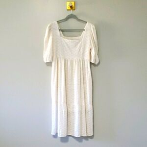 Monsoon and Beyond Women Midi Dress Large Ivory Tier Eyelet Puff Sleeve Pockets